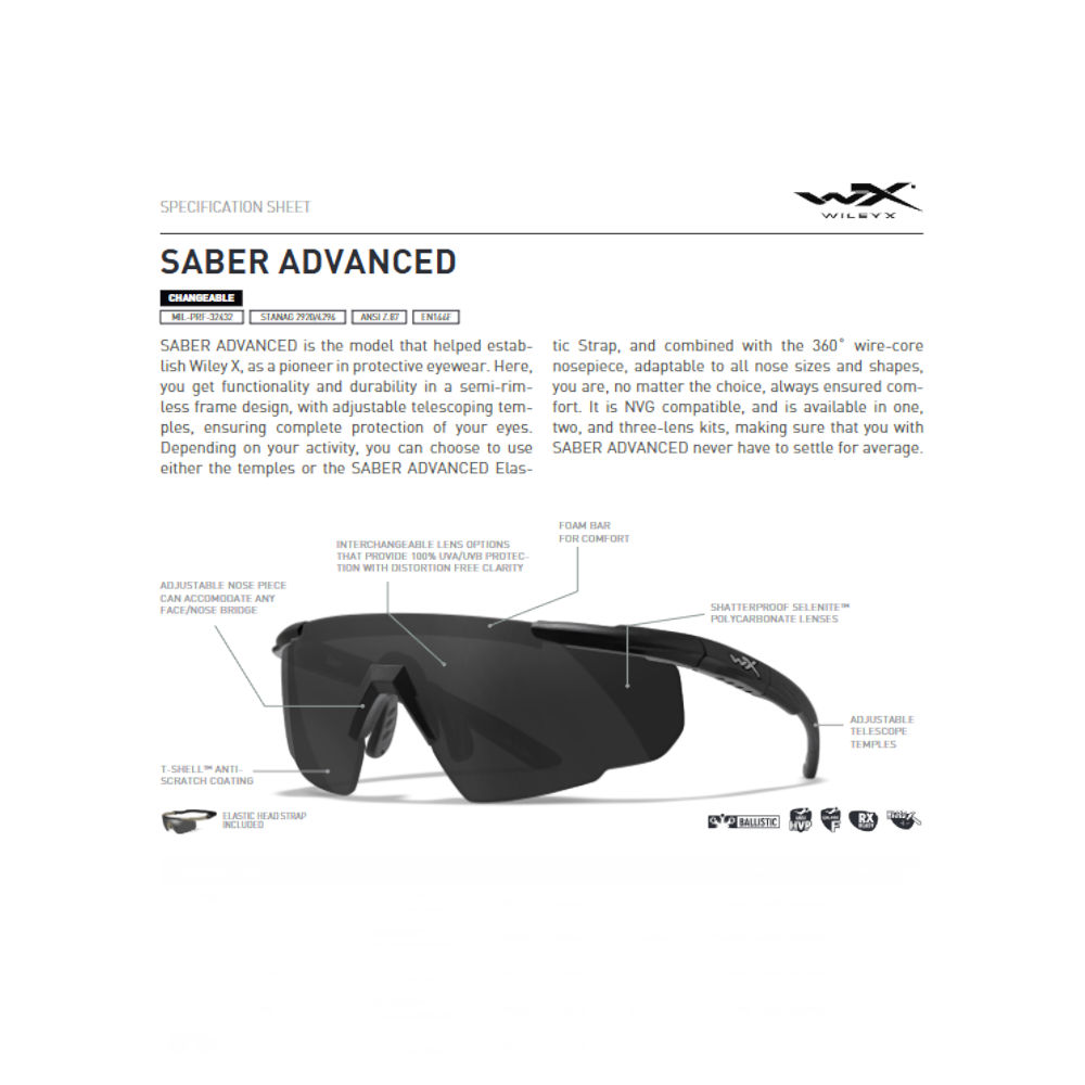 Wiley X - Saber Advanced Ballistiske Briller Klar - 1 Linse fra Wiley X - billede nr. 3 hos GrejFreak.dk