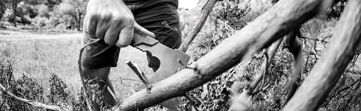Mann entastet einen Baum mit einer Axt